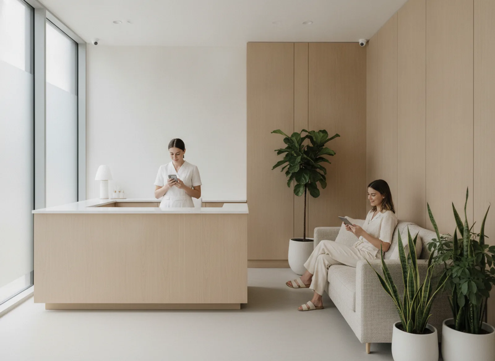 A consultant in a white tunic replying to a message on a phone at the reception of a calm, modern aesthetic clinic while a client waits on a sofa