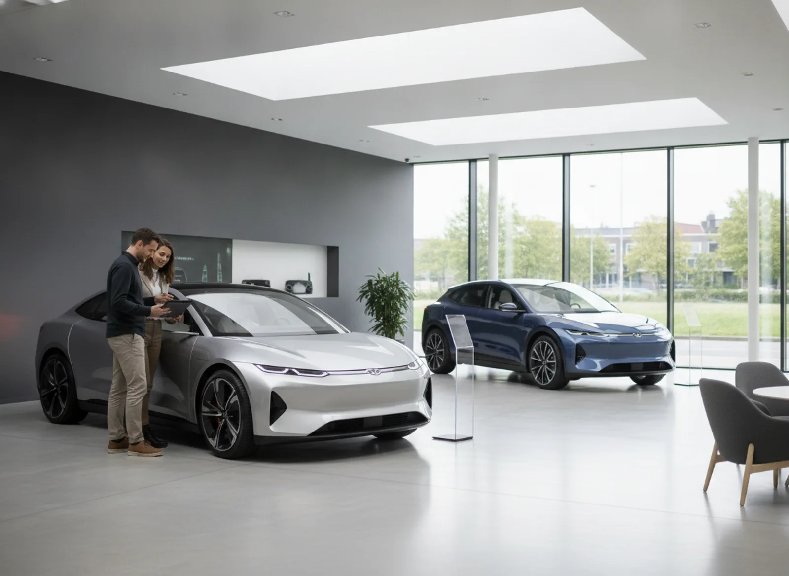 A sales advisor showing a tablet to a couple beside a new electric car in a bright showroom with two cars under skylights