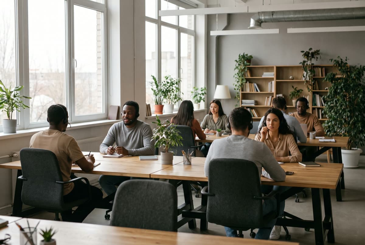 Une équipe de service client avec des casques, dans un bureau clair, répondant aux clients