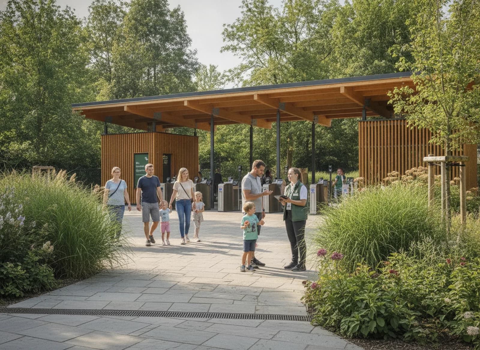 Familien gehen auf den hölzernen Kassenpavillon eines Zoos zu, während eine Mitarbeiterin in grüner Weste einem Besucher mit einem Tablet antwortet