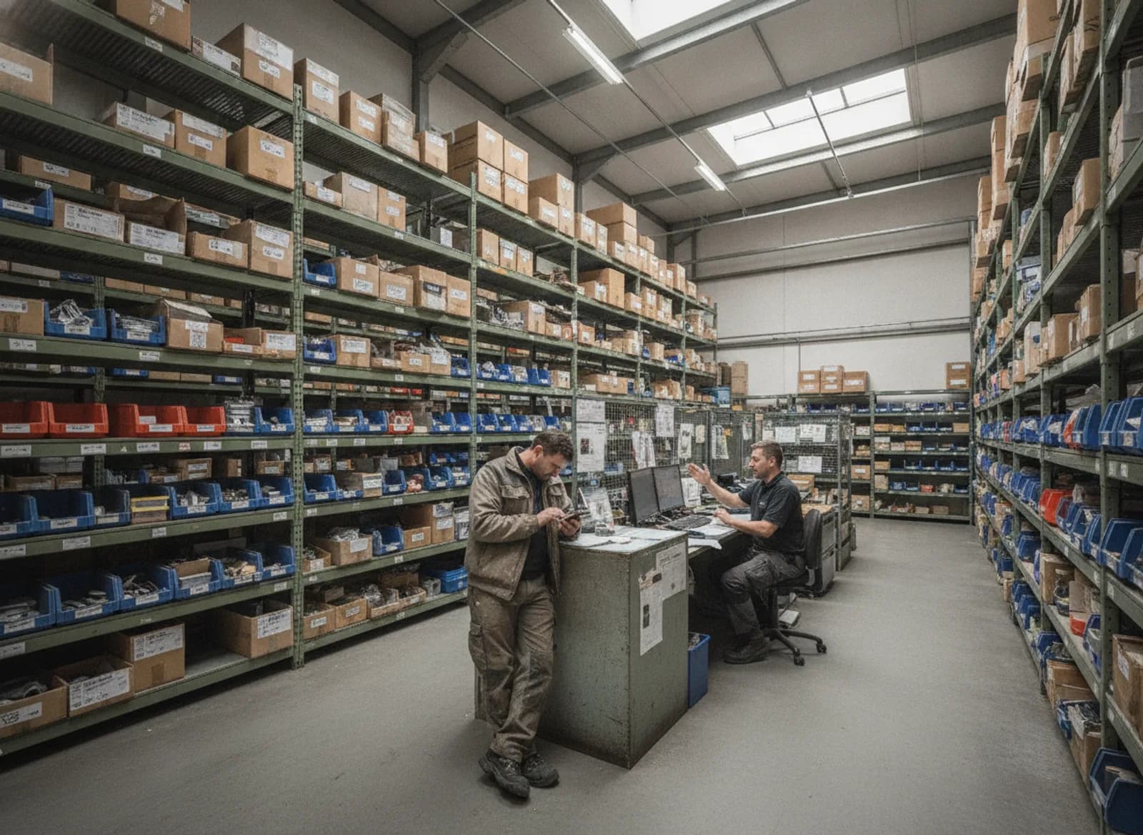 A tradesman checking an order on his phone at the trade counter of a technical wholesaler, shelving with parts behind him