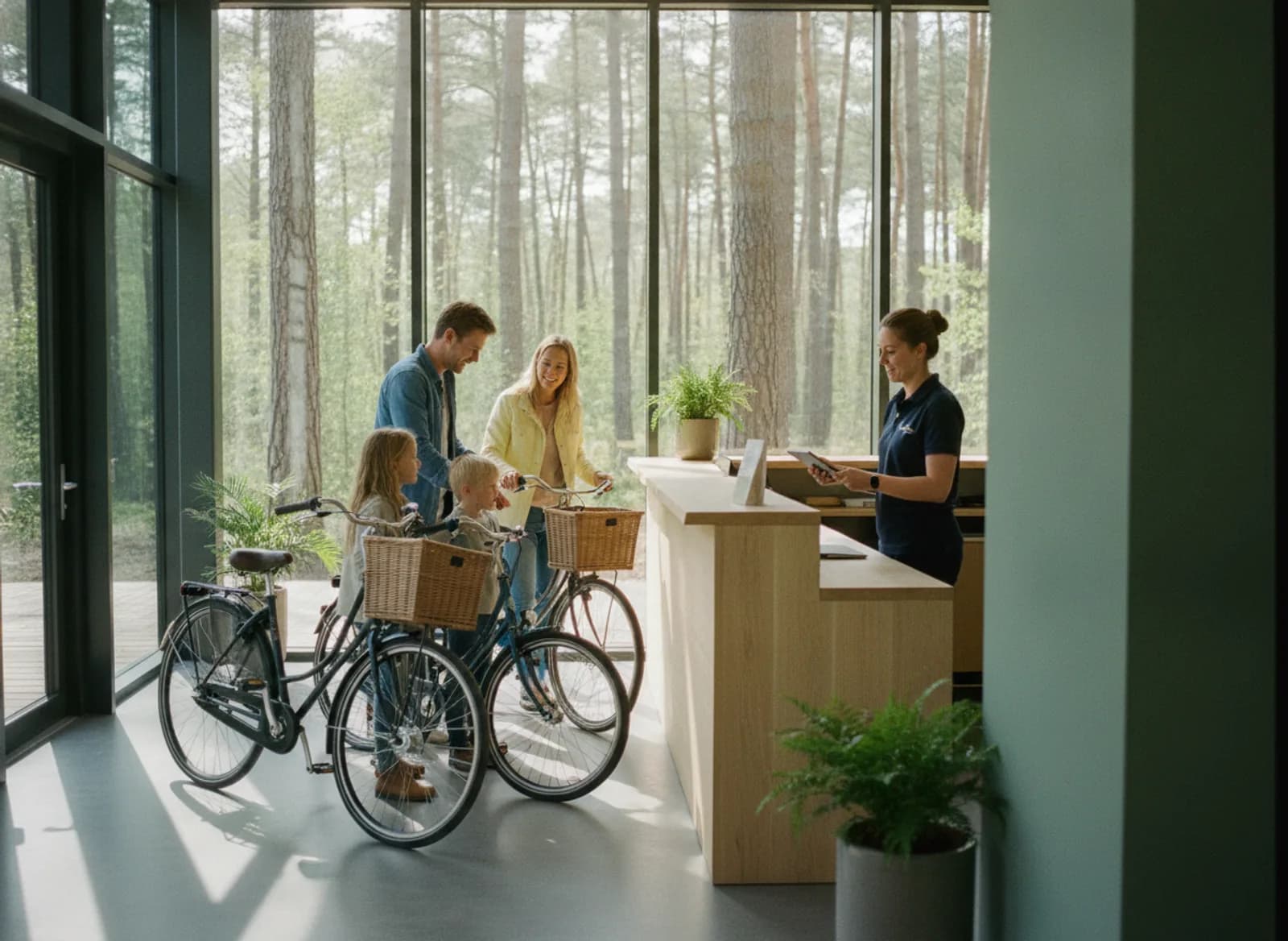 A family with bicycles checking in at the reception of a holiday park among pine trees, the receptionist looking at a tablet