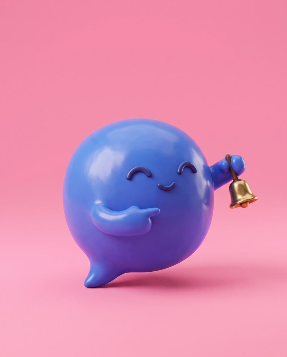 The SimplyBoost character, a blue speech bubble, ringing a small bell