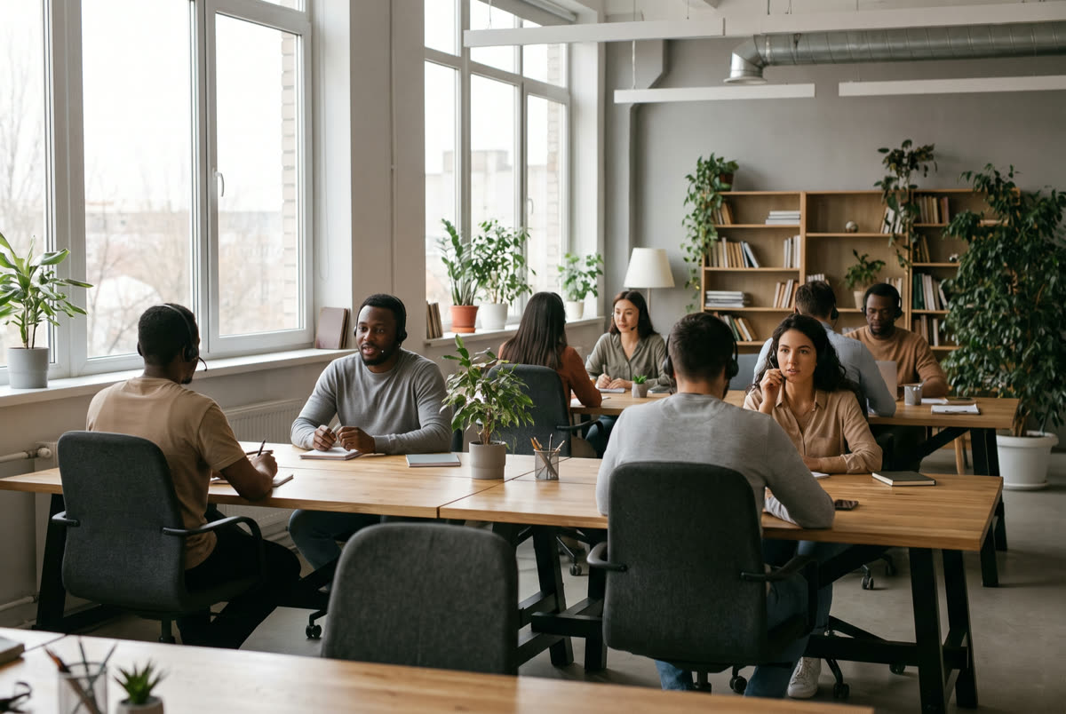 A support team at work in a bright open office